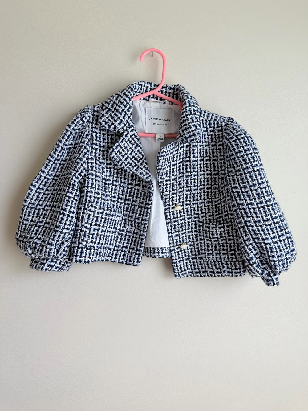 Janie and Jack Navy and White Tweed Puff-Sleeve Jacket